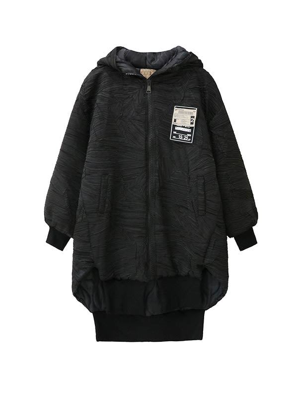 Abstract Printed Contrast Color Split-Joint Zipper High-Low Irregularity Hooded Overcoat Outerwear
