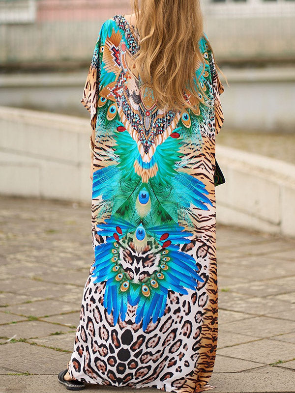 Leopard Split-side Tiger Skin Pattern Batwing Sleeves Loose V-neck Maxi Dresses Beach Cover-Up