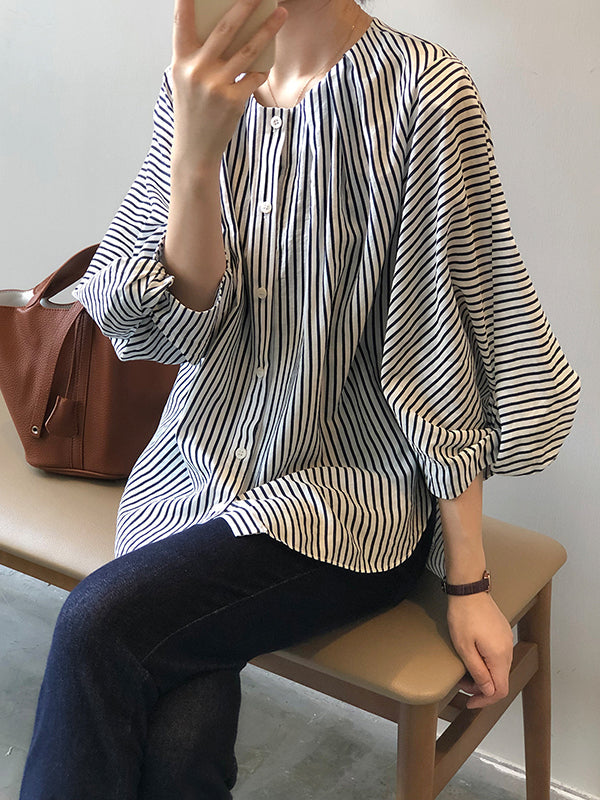 Trendy Tops Three-Quarter Sleeves Batwing Sleeves Striped Round-Neck Blouses