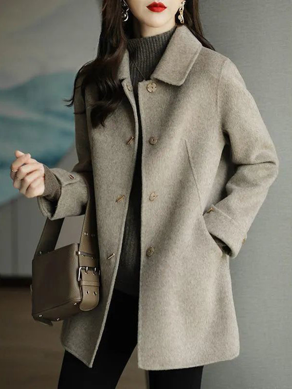 Buttoned Pockets Solid Color Long Sleeves Loose Lapel Woolen Coat