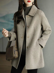 Buttoned Pockets Solid Color Long Sleeves Loose Lapel Woolen Coat