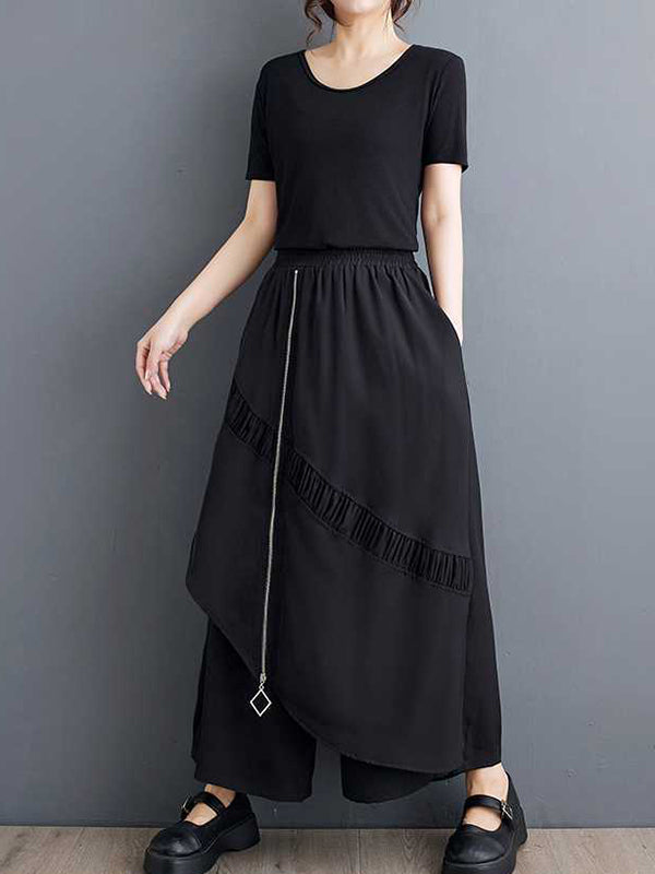 Elasticity Pleated Pockets Split-Joint Zipper High Waisted Loose Pants Culotte