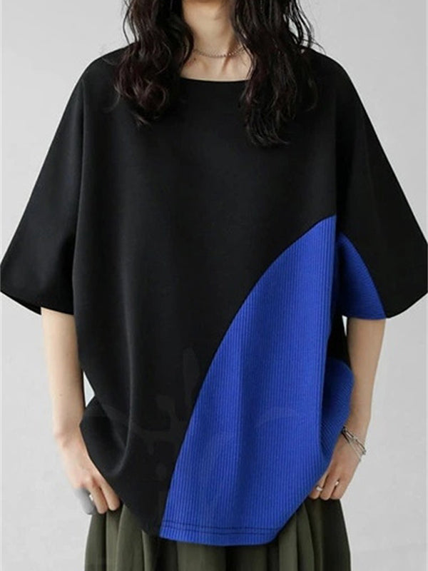 Contrast Color Batwing Sleeves Half Sleeves Round-neck T-Shirts Tops