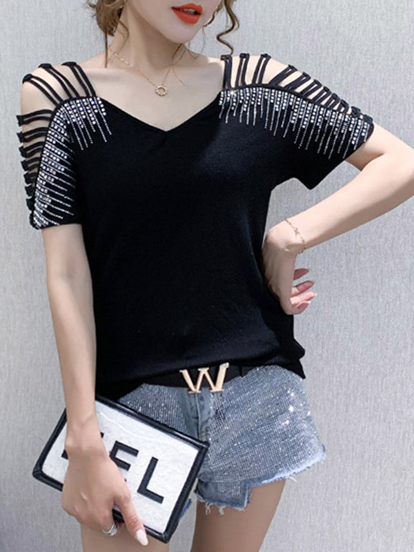 Hollow Rhine Stones Solid Color Split-Joint Loose Raglan Sleeve V-Neck T-Shirts Tops