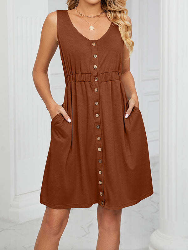 Buttoned Elasticity Pleated Pockets Split-Joint A-Line Loose Round-Neck Mini Dresses