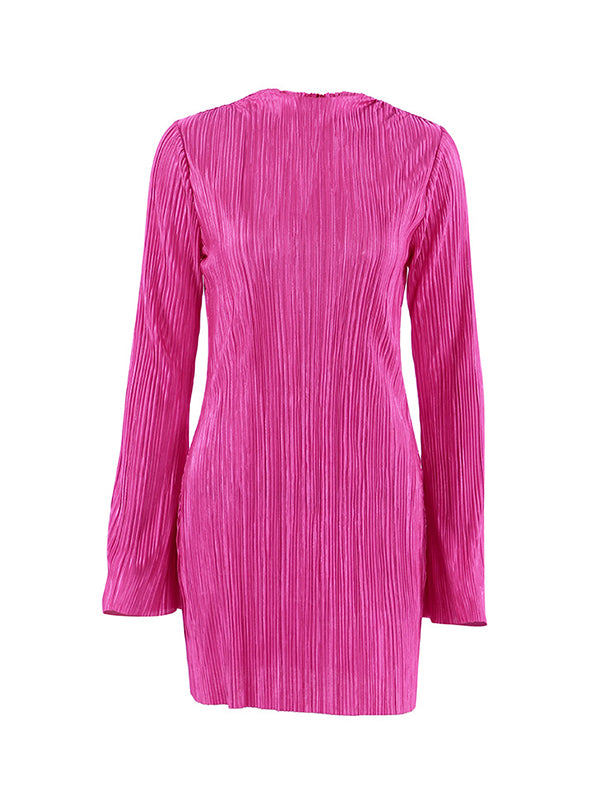 Pleated Solid Color Bodycon Flared Sleeves Mock Neck Mini Dresses