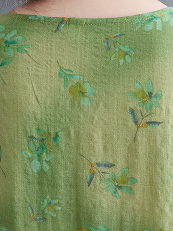 Floral Printed Loose Short Sleeves Round-Neck Midi Dresses