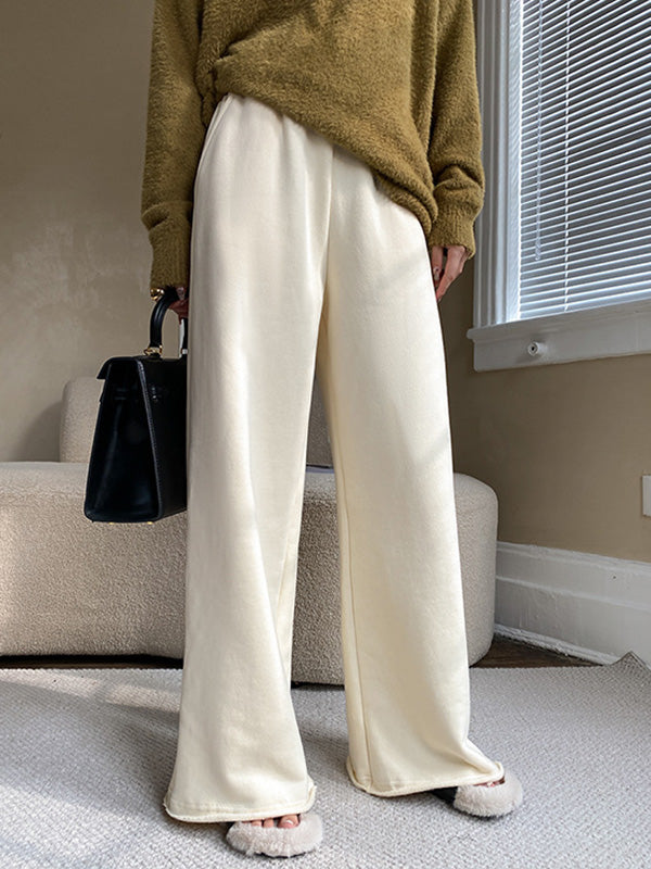 Simple Wide Leg Loose Velvet Keep Warm Solid Color Casual Pants Bottoms
