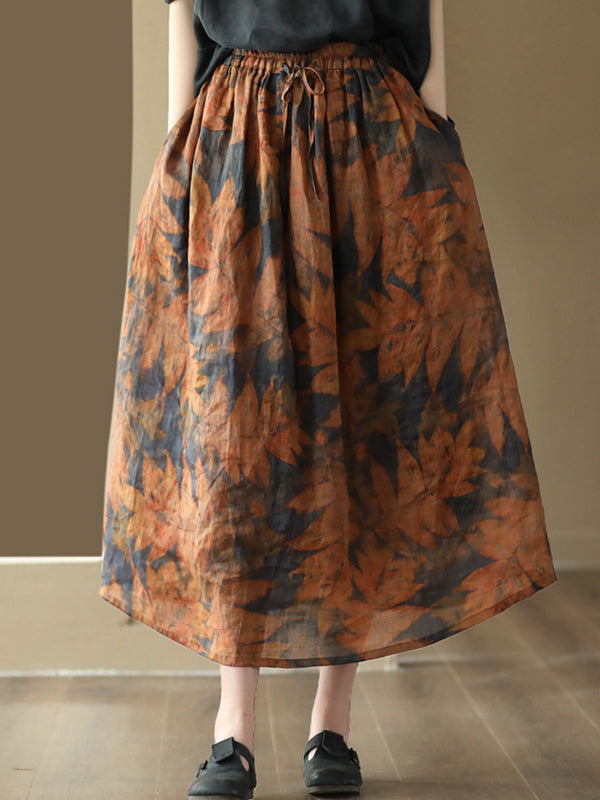 Drawstring Elasticity Floral Printed Loose Skirts