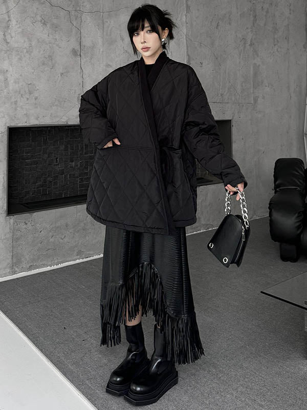 Plaid Quilted Solid Color Split-Joint Tied Long Sleeves Loose Collarless Padded Coat Outerwear