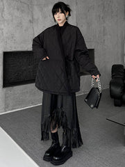 Plaid Quilted Solid Color Split-Joint Tied Long Sleeves Loose Collarless Padded Coat Outerwear
