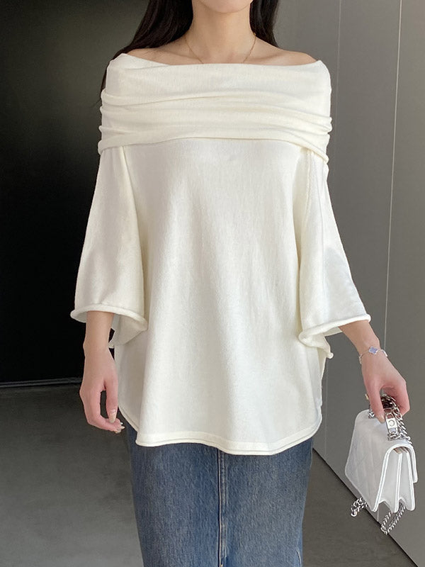 Solid Color Batwing Sleeves Flared Sleeves Off-the-shoulder Knit Top