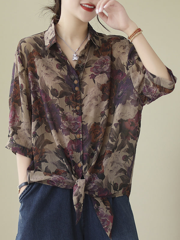 Buttoned Flower Print Tied Long Sleeves Loose Lapel Blouses&Shirts Tops