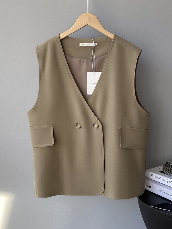 Pockets Split-Joint Loose Sleeveless V-Neck Vest Top