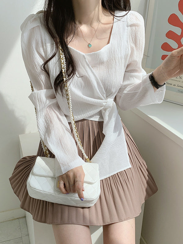 Original Solid Color Square-Neck Long Sleeves Tied Blouse