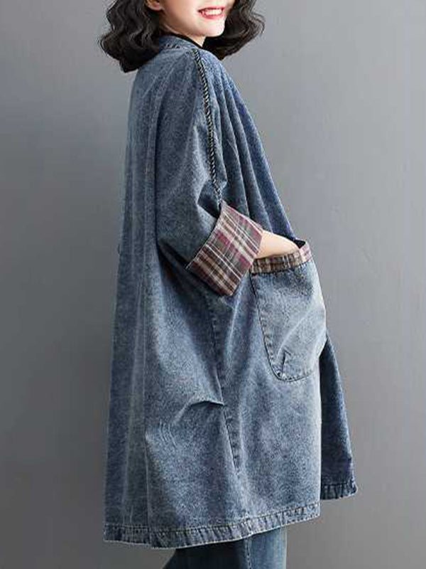 Buttoned Plaid Pockets Split-Joint Long Sleeves Loose V-Neck Denim Outerwear