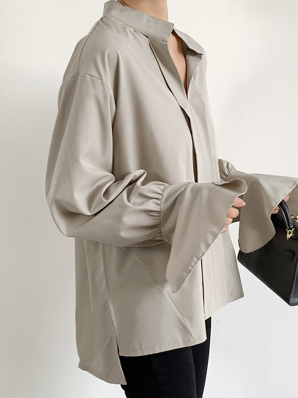 Solid Color Flared Sleeves High-low V-neck Blouses&shirts Tops