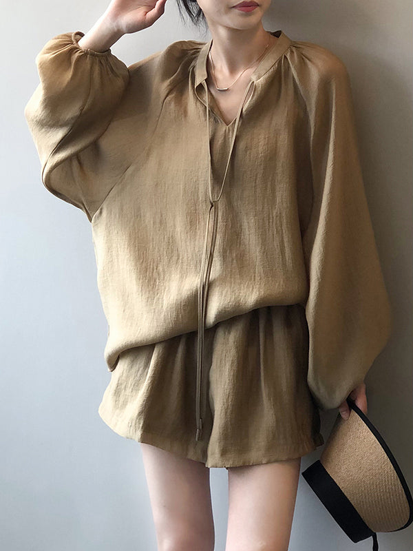 Split-Joint Solid Color  Sun Protection Tied V-neck Long Sleeves Top + Shorts Two Pieces Set