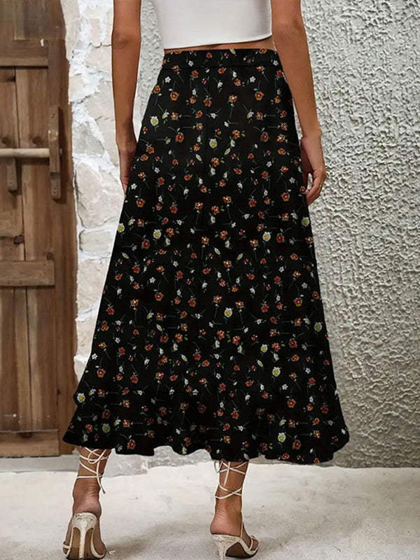 Asymmetric Flower Print Ruffled Split-Front High Waisted Loose Skirts Bottoms