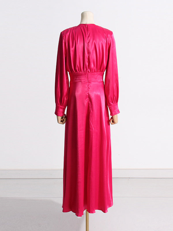 Buttoned Split-Side Zipper High Waisted Long Sleeves Deep V-Neck Maxi Dresses