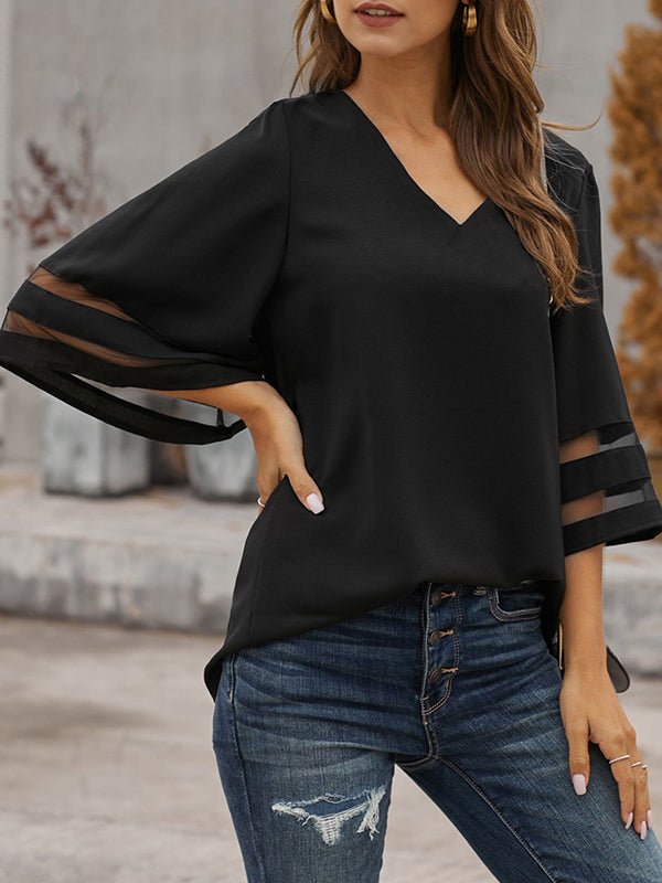 Solid Color Split-Joint Loose V-Neck T-Shirts Tops