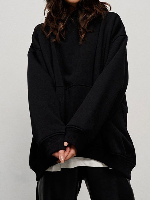 Pockets Solid Color Velvet Long Sleeves Loose Hooded Hoodies Tops