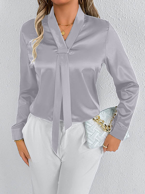 Solid Color Split-Joint Streamer Long Sleeves Loose Scarf Collar Blouses&Shirts Tops