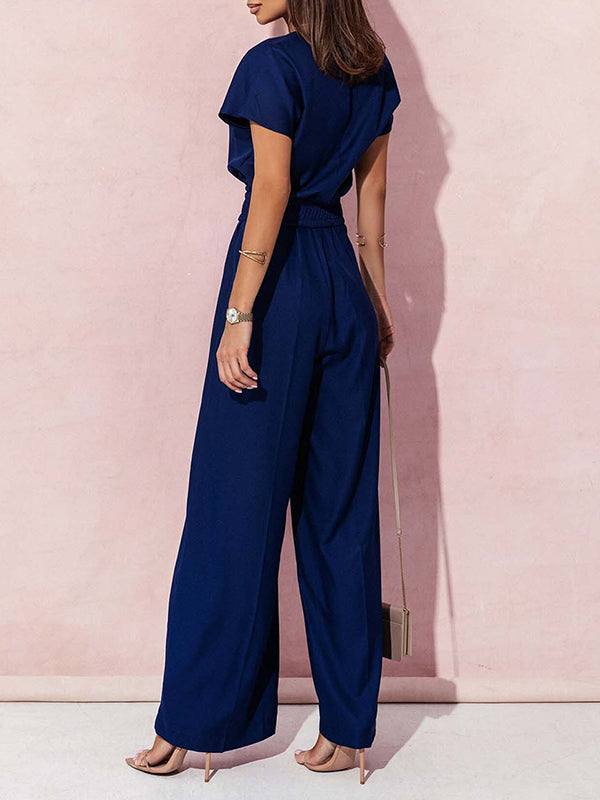 Belted Pleated High Waisted Loose V-Neck Jumpsuits