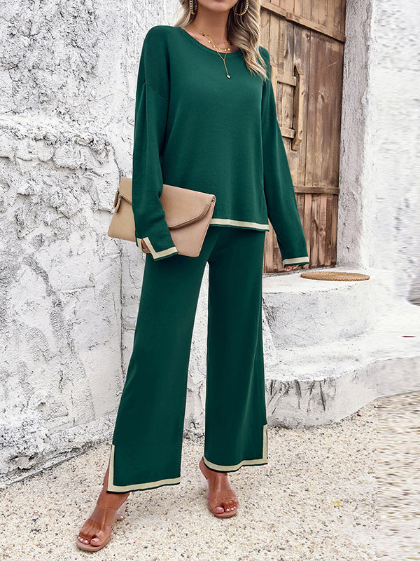 Contrast Color Long Sleeves Split-Joint Split-Side Round-Neck High-Low Sweater Tops +  Pants Bottom Two Pieces Set