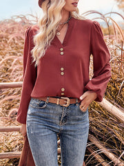 Buttoned Elasticity Long Sleeves Loose V-neck Blouses&shirts Tops