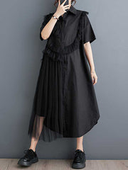 Asymmetric Buttoned Ruffled Solid Color Split-Joint A-Line Half Sleeves Lapel Shirt Dress Midi Dresses