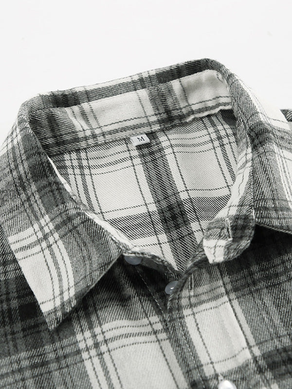 Buttoned Plaid Pockets Long Sleeves Loose Lapel Blouses&Shirts Tops