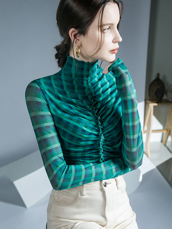 Contrast Color Plaid Pleated Split-Joint Long Sleeves Skinny High-Neck Blouses&Shirts Tops