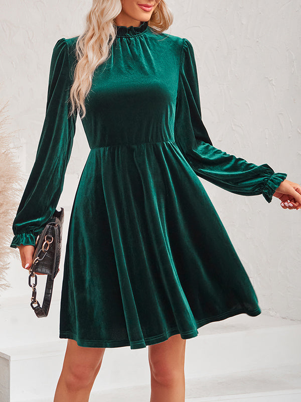 Hollow Ruffled Solid Color Velvet A-Line High Waisted Mock Neck Mini Dresses