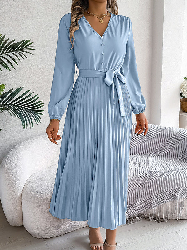 Belted Buttoned Pleated Solid Color High Waisted Long Sleeves V-Neck Maxi Dresses