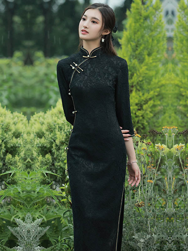 Vintage Split-Side Jacquard Long Cheongsam