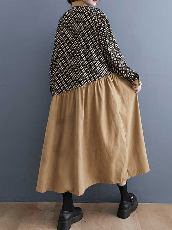 Asymmetric Buttoned Pleated Printed Split-Joint A-Line Long Sleeves Lapel Midi Dresses