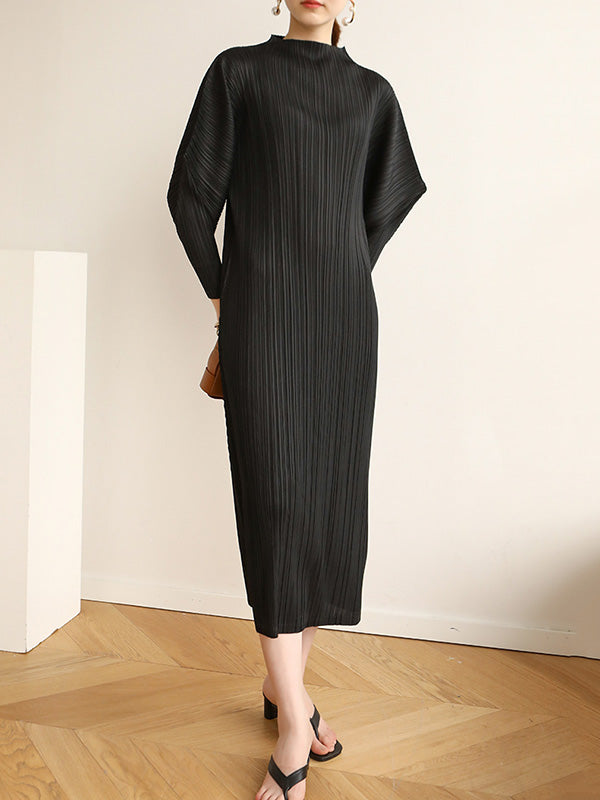 Original Creation Loose Long Sleeves Pleated Solid Color High-Neck Midi Dresses