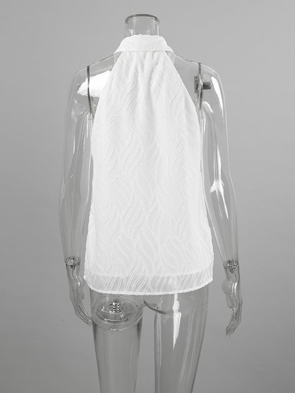 Jacquard See-Through Solid Color Sleeveless Lapel Blouses&Shirts Tops