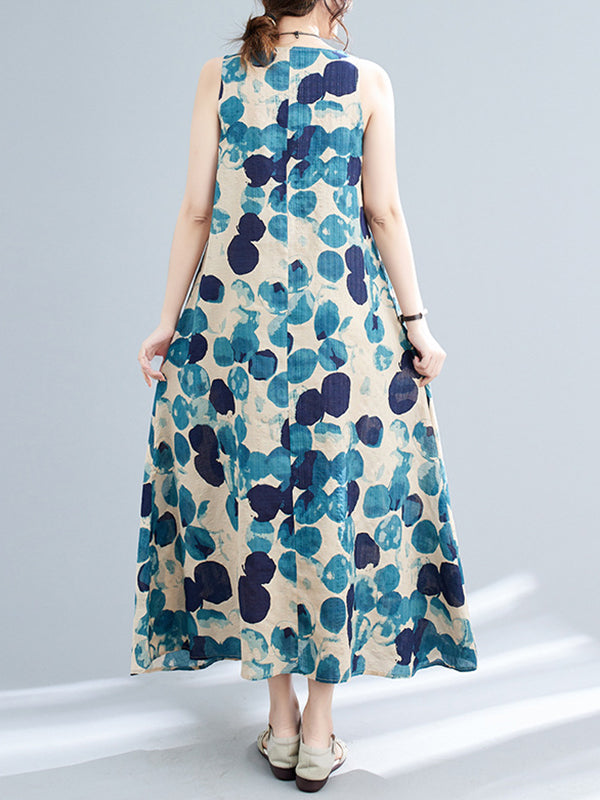 Polka-Dot Loose Sleeveless Round-Neck Maxi Dresses
