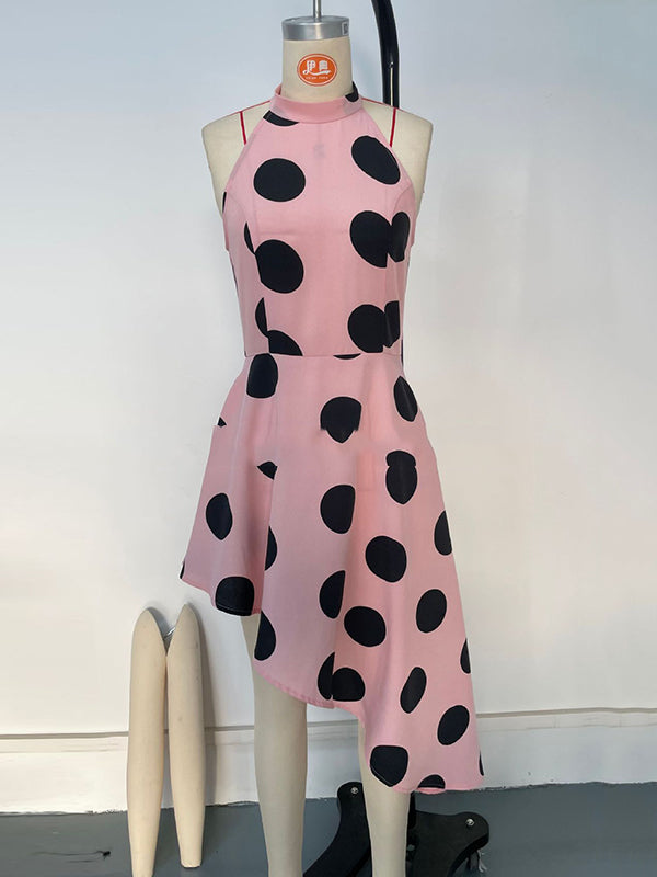 Asymmetric Polka-Dot Loose Sleeveless Halter-Neck Midi Dresses