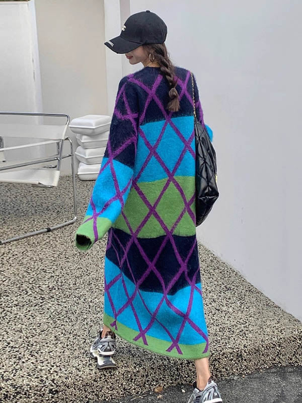 Contrast Color Plaid Split-Joint Long Sleeves Loose Round-Neck Sweater Dresses Midi Dresses