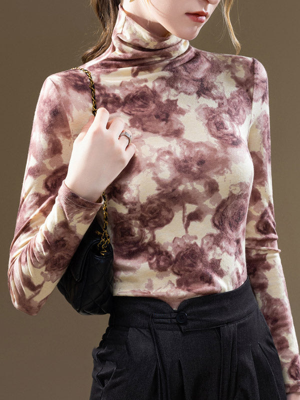 Flower Print Split-Joint Long Sleeves Plus Size High Neck T-Shirts