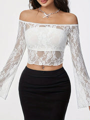 See-Through Solid Color Flared Sleeves Long Sleeves Off-The-Shoulder T-Shirts Tops