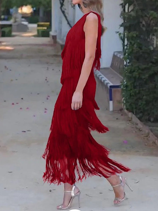 Asymmetric Solid Color Split-Joint Tasseled Loose Sleeveless One-Shoulder Maxi Dresses