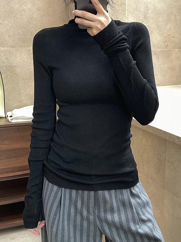 Solid Color Long Sleeves Skinny High-Neck Sweater Tops Pullovers