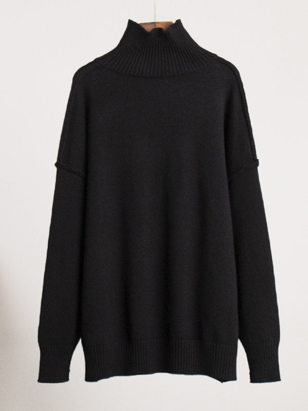 Solid Color Split-Joint Long Sleeves Loose High Neck Sweater Tops Pullovers