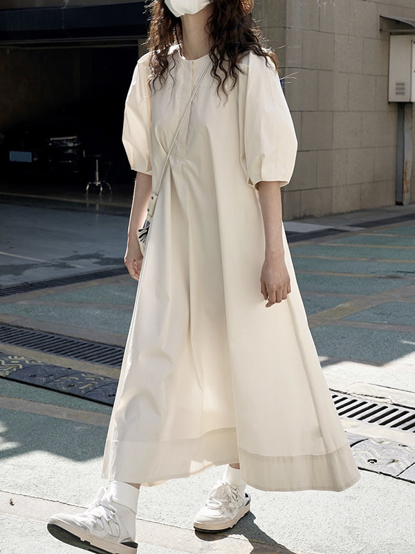 Solid Color Loose Puff Sleeves Round-Neck Midi Dresses
