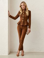 Buttoned Contrast Color Ruffled Split-Joint Elasticated Waist High Waisted Stand Collar Blouses&Shirts Tops Blazer
