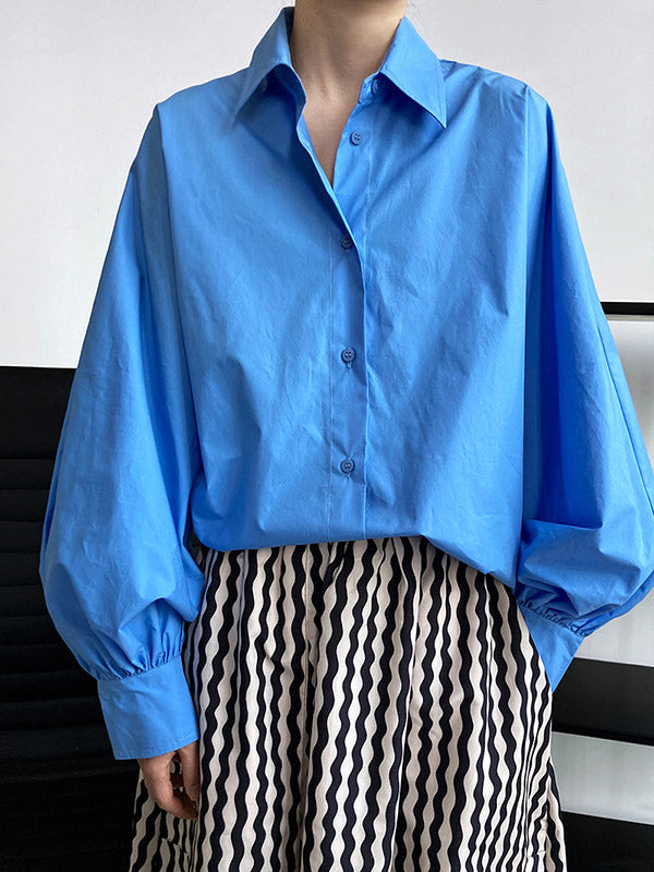 Buttoned Pleated Solid Color Long Sleeves Loose Lapel Blouses&Shirts Tops